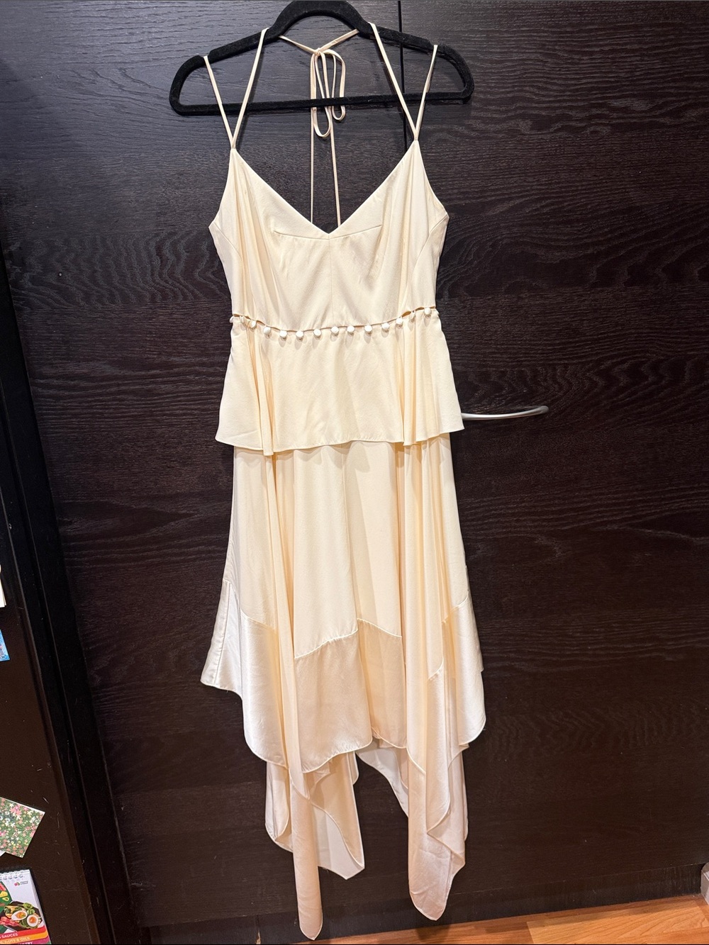 Prabal Gurung Cream Handkerchief-Hem Spaghetti Strap Dress with Waist Detail